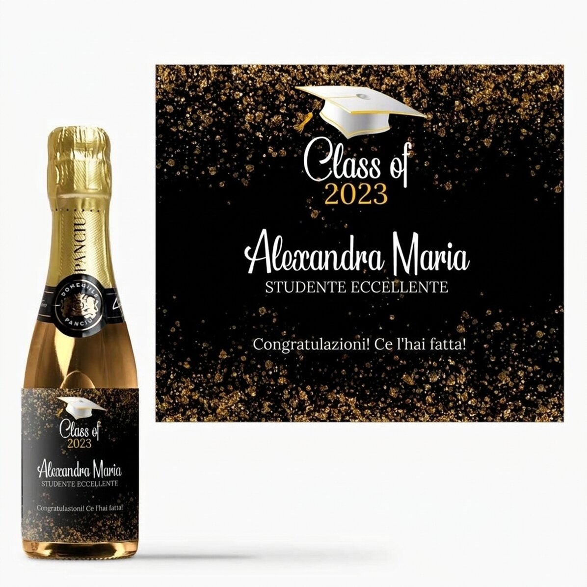 Mini bottiglia di spumante per la laurea, personalizzata con la scritta "Outstanding student"