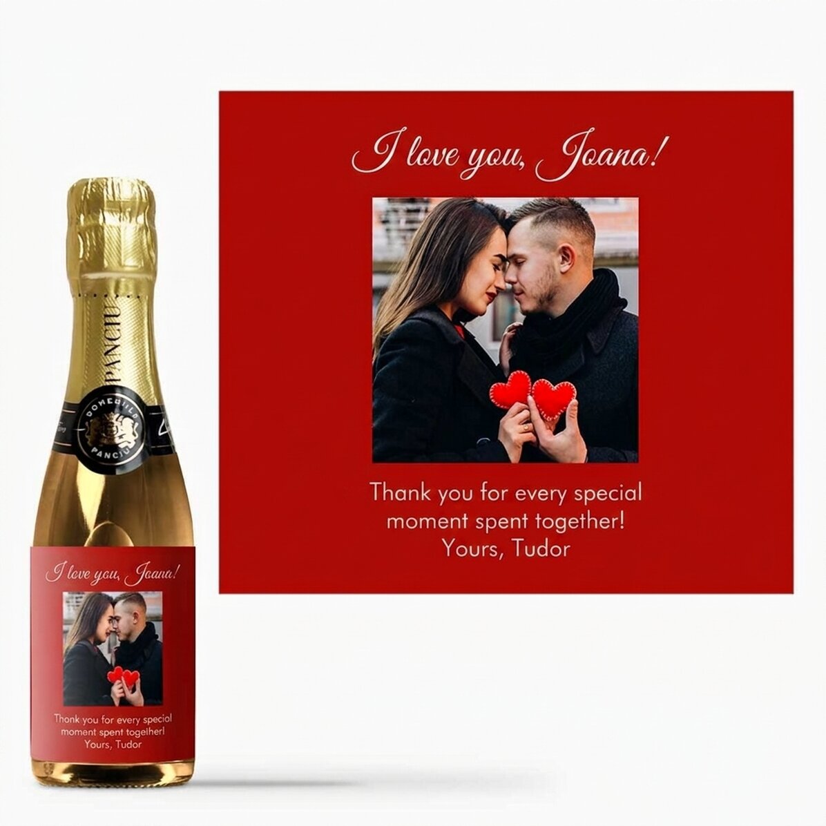 Mini bottiglia di spumante personalizzata con una foto e un messaggio per i propri cari