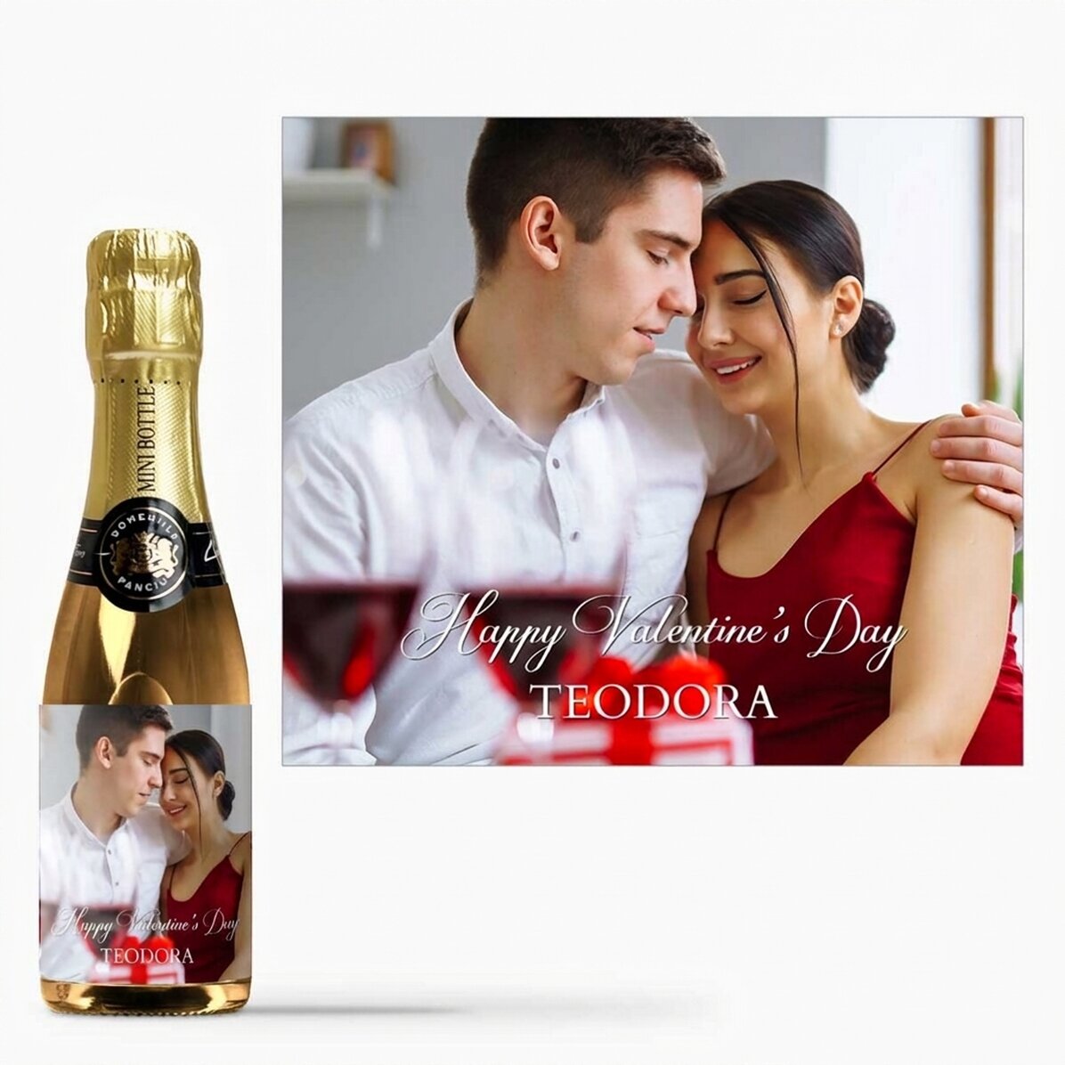 Mini bottiglia di spumante personalizzata con una foto e una scritta