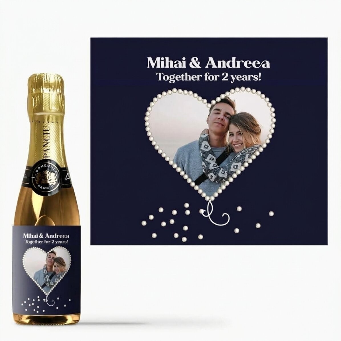 Mini bottiglia di spumante personalizzata con una foto a forma di cuore perlato