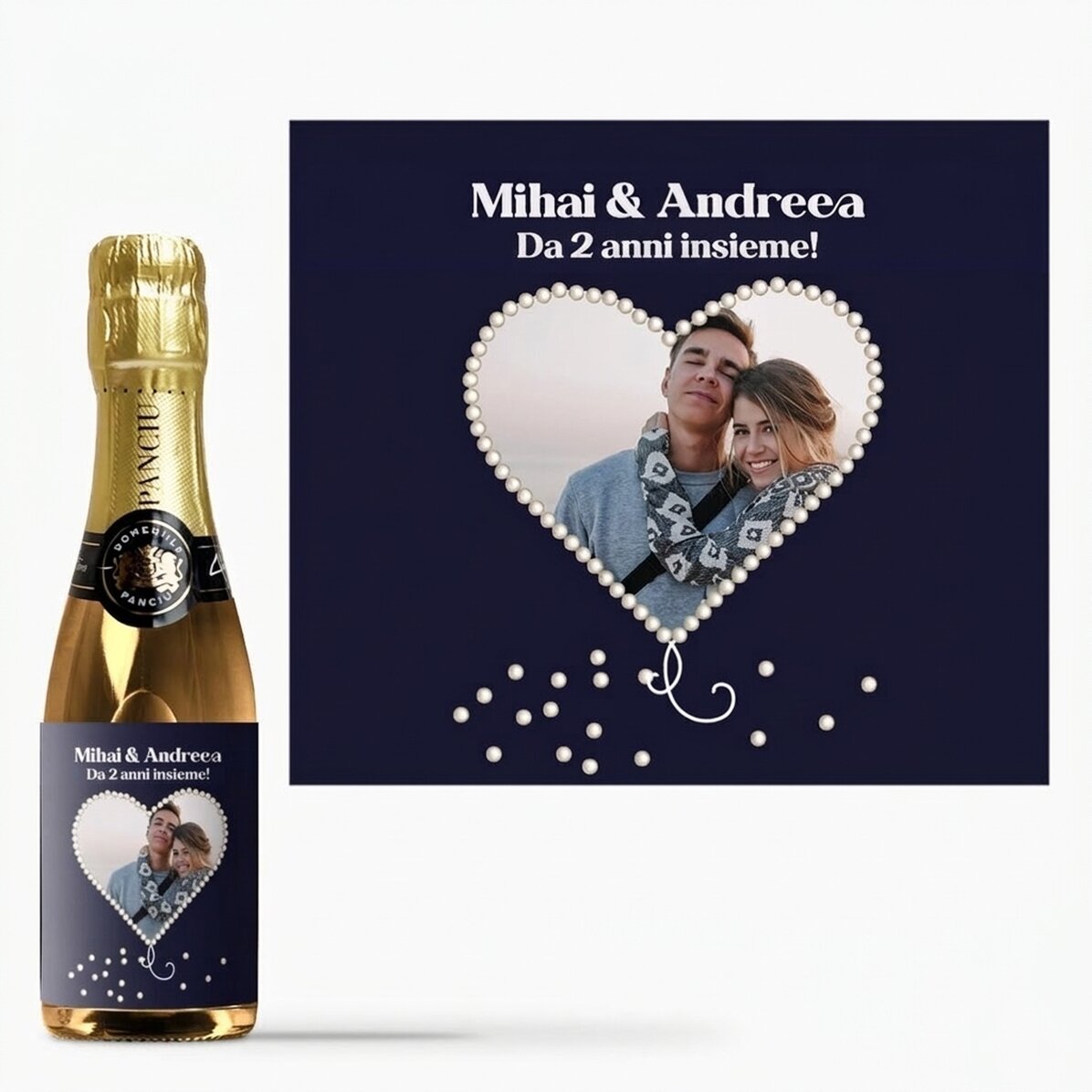 Mini bottiglia di spumante personalizzata con una foto a forma di cuore perlato