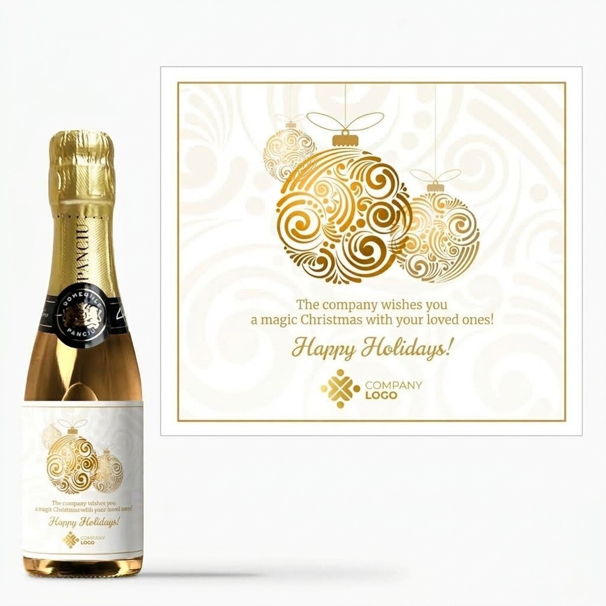 Mini bottiglia di spumante personalizzata con logo e messaggio - Palline di Natale dorate