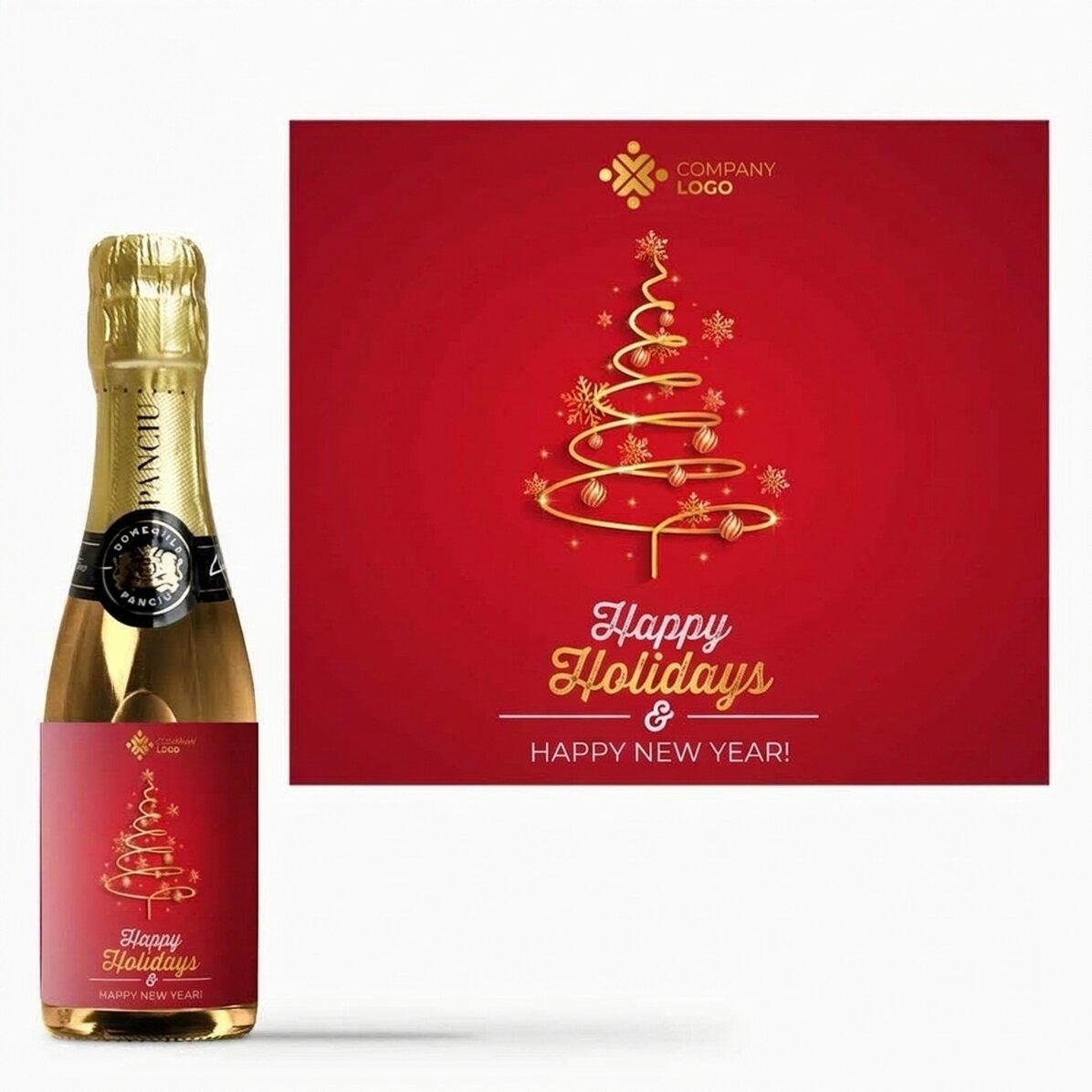 Mini bottiglia di spumante personalizzata con testo e logo - Buone feste