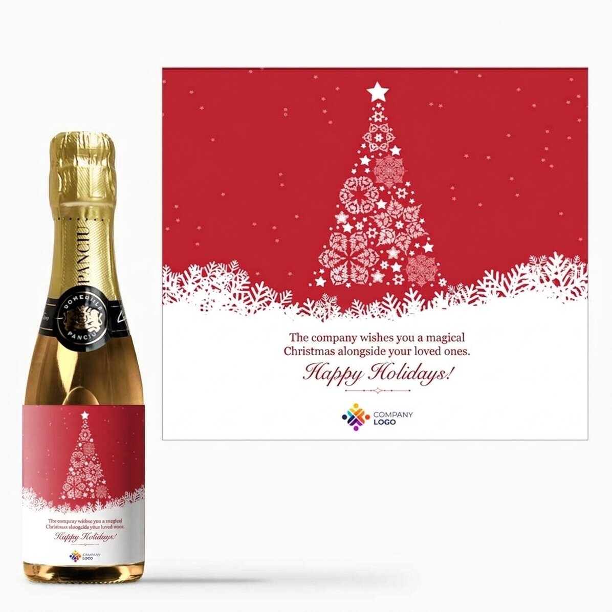 Mini bottiglia di spumante personalizzata con testo e logo - La magia del Natale