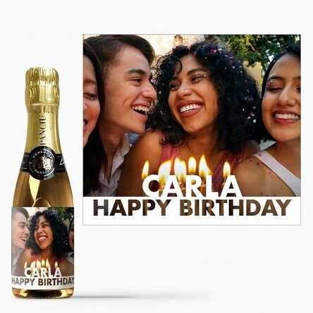 Mini bottle of sparkling wine personalised with photo and name for birthday
