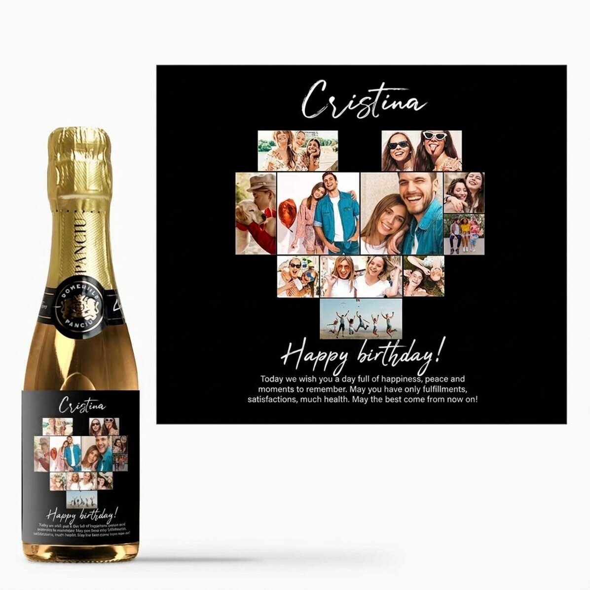 Mini bottiglia di spumante personalizzata con 11 foto e un messaggio