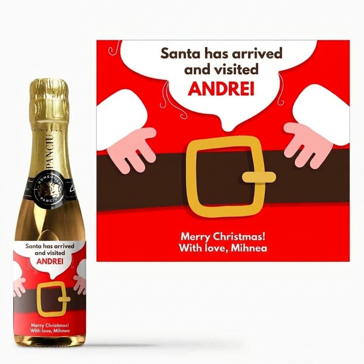 Mini bottiglia di spumante personalizzata con messaggio - È arrivato Babbo Natale