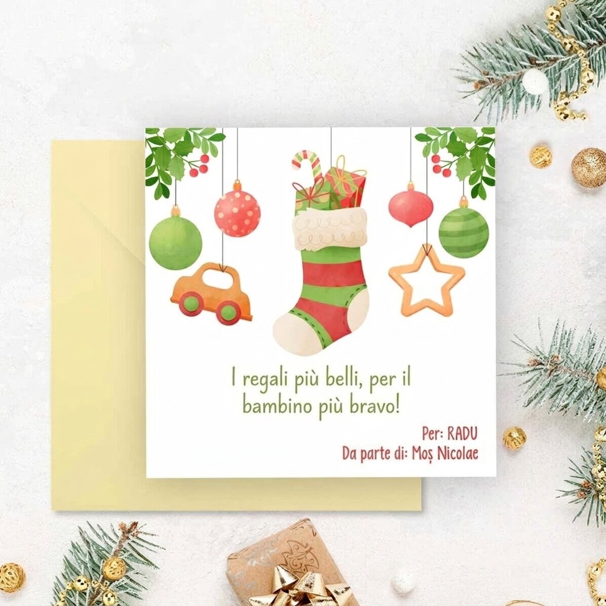 Biglietto quadrato personalizzato con messaggio - Messaggio da Babbo Natale