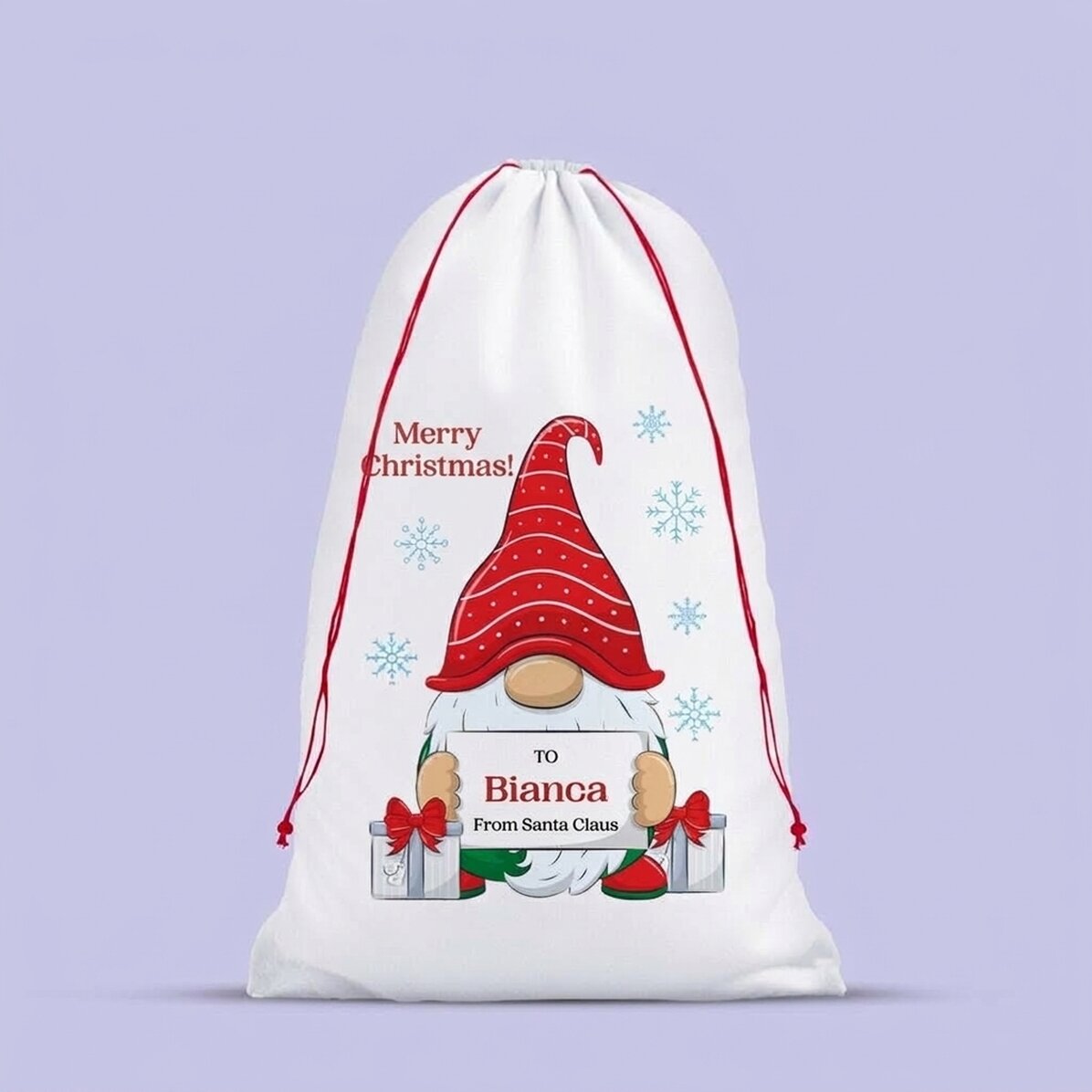 Borsa bianca per regali con messaggio personalizzato - Gnomo di Natale