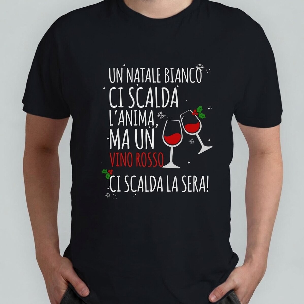 Maglietta in cotone personalizzata con scritta - Natale bianco e vino rosso