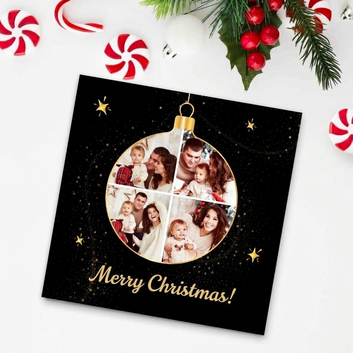 Magnete personalizzato 10x10 con 4 foto e un messaggio - Pallina di Natale