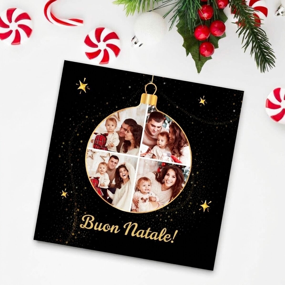 Magnete personalizzato 10x10 con 4 foto e un messaggio - Pallina di Natale