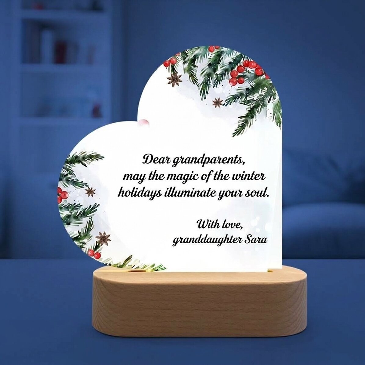Lampada da comodino a LED a forma di cuore personalizzata con messaggio natalizio