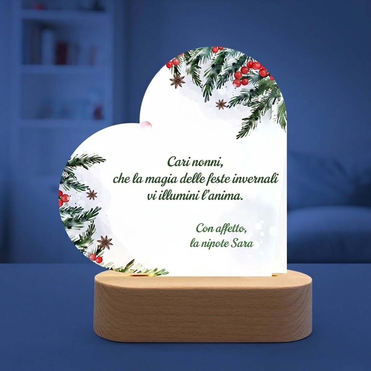 Lampada da comodino a LED a forma di cuore personalizzata con messaggio natalizio