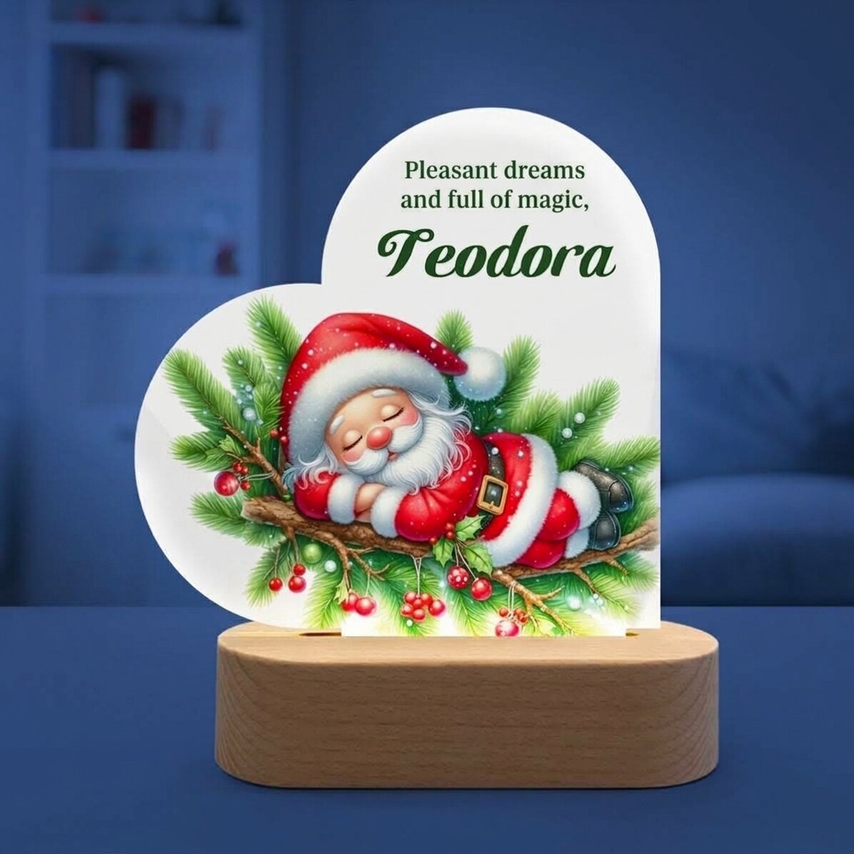 Lampada da comodino a LED a forma di cuore personalizzata con messaggio per bambini - Babbo Natale