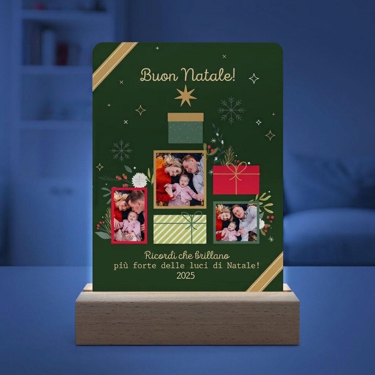 Lampada da comodino a LED personalizzata con foto e messaggio - Ricordi di Natale