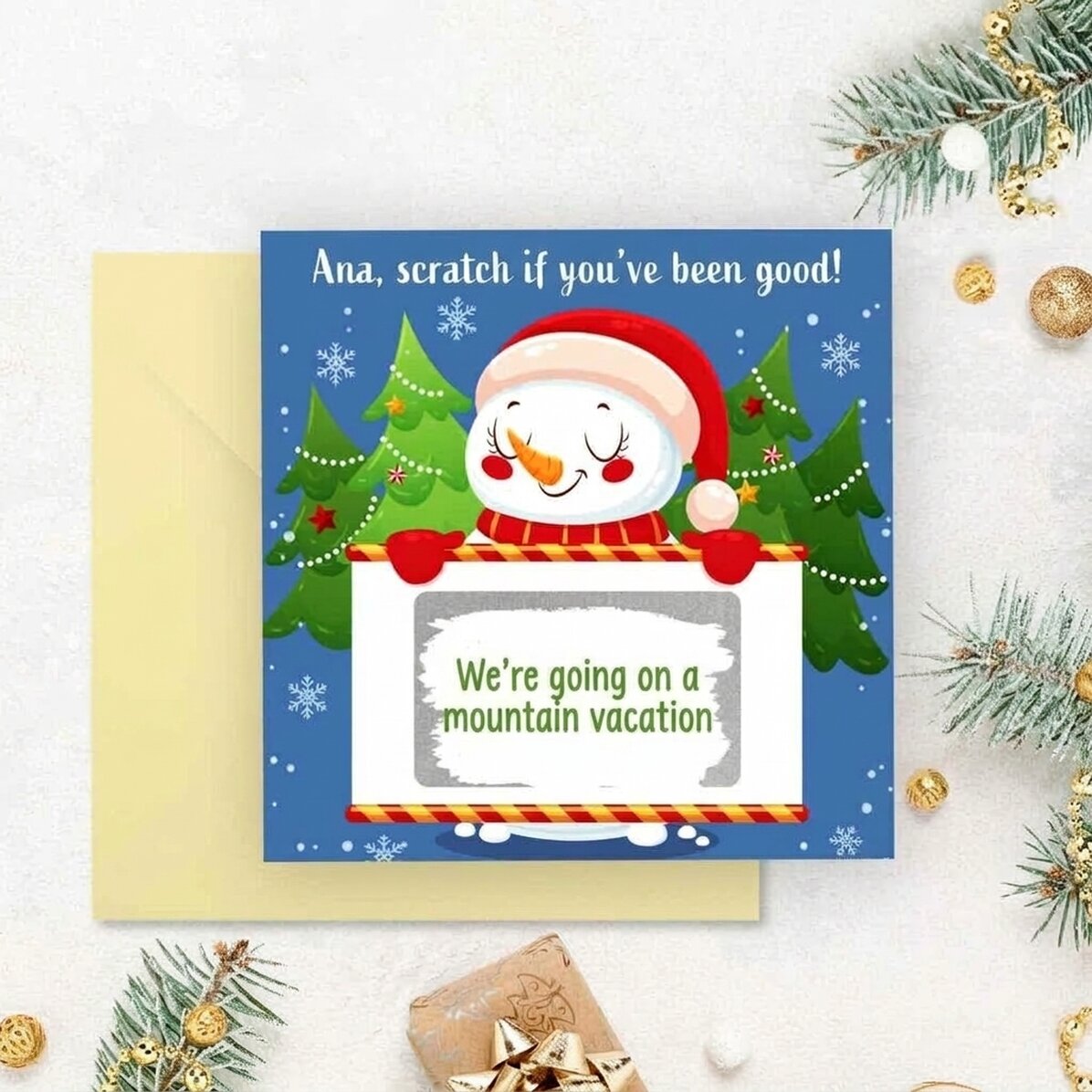 Cartolina gratta e vinci personalizzata con messaggio - Pupazzo di neve