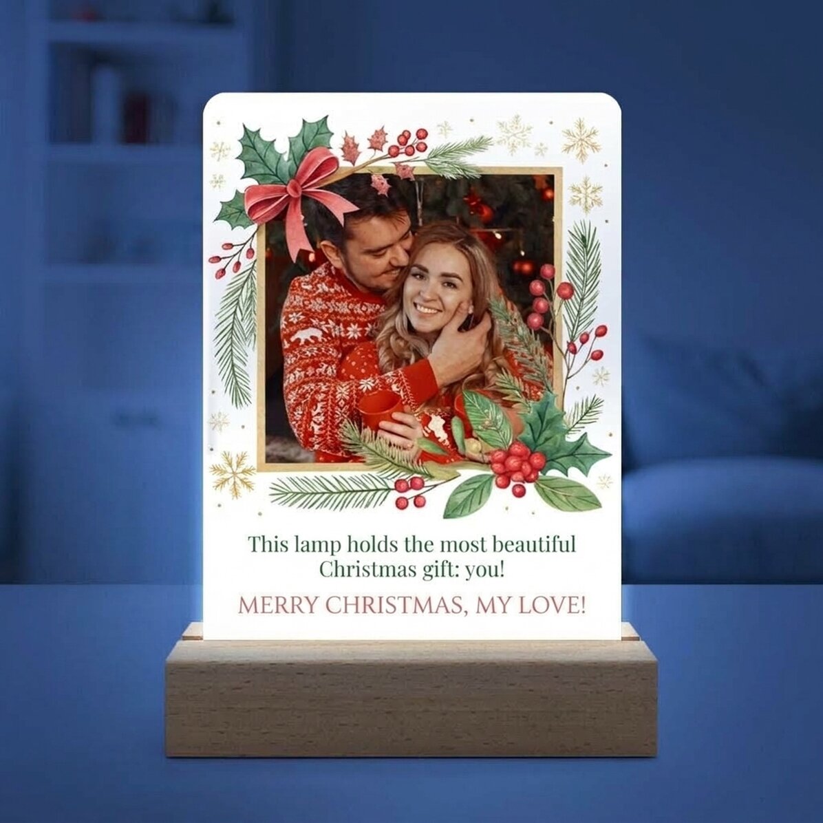 Lampada da comodino a LED personalizzata con foto e messaggio - Buon Natale!