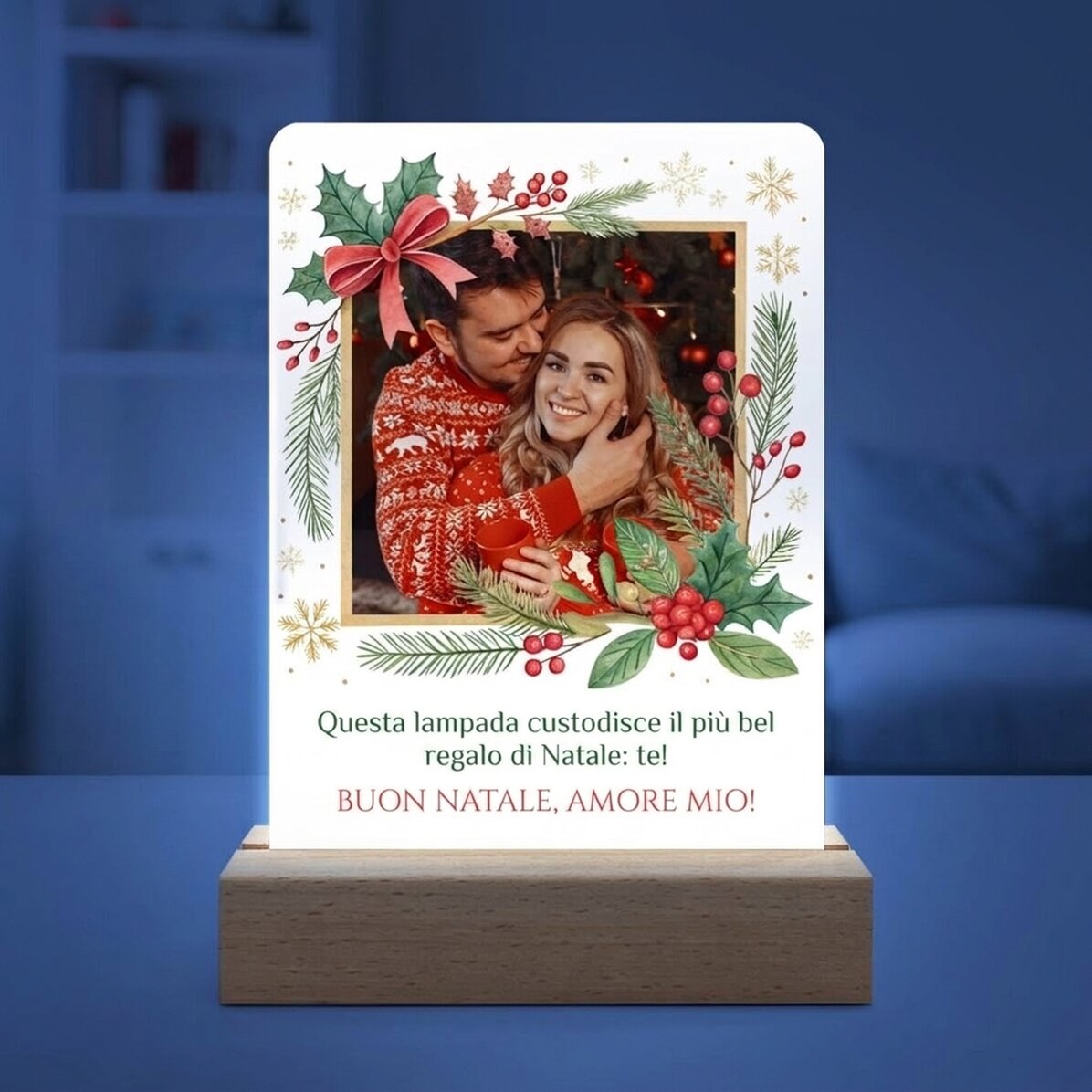 Lampada da comodino a LED personalizzata con foto e messaggio - Buon Natale!