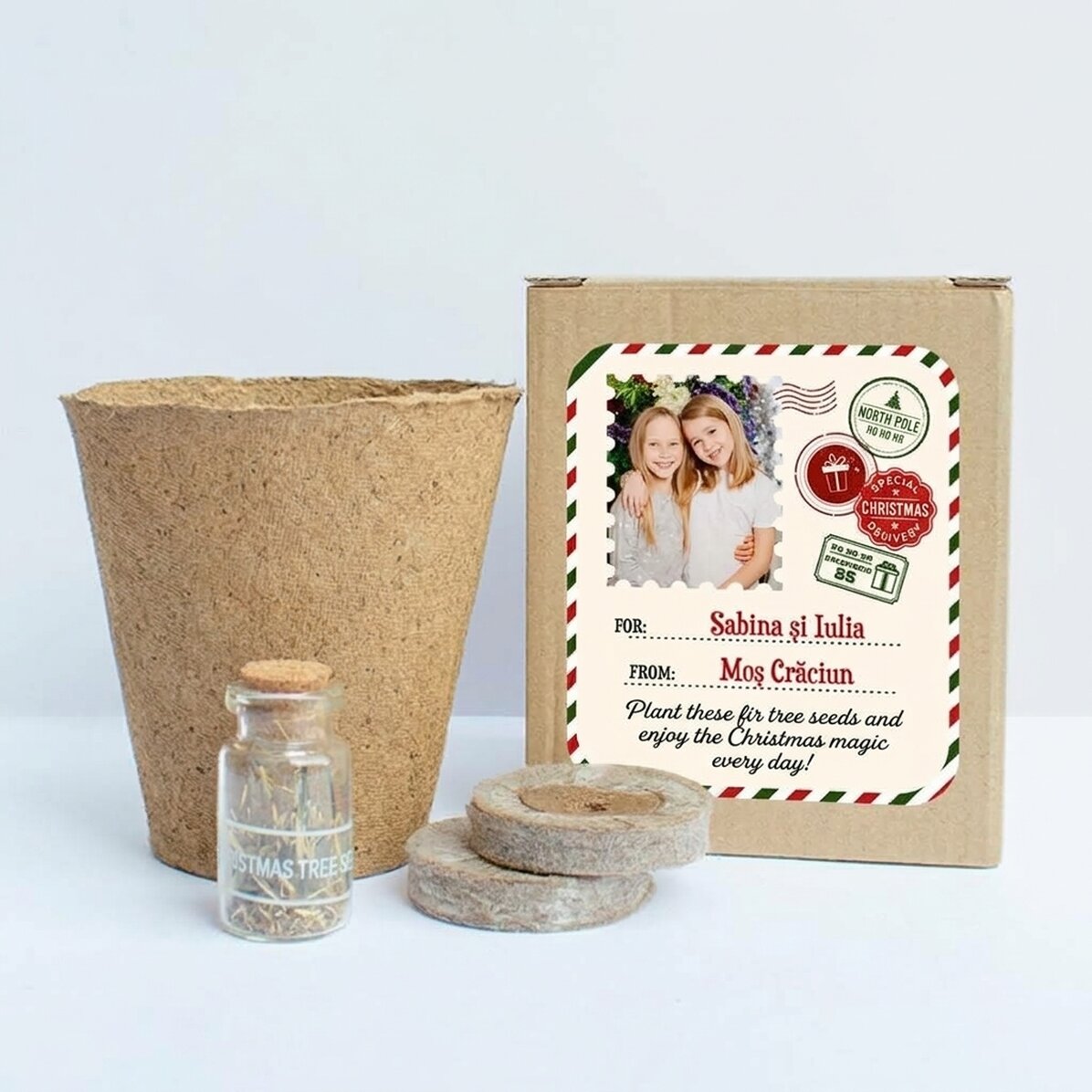 Kit per piantare semi di abete in una scatolina personalizzata con foto e messaggio - Da Babbo Natal