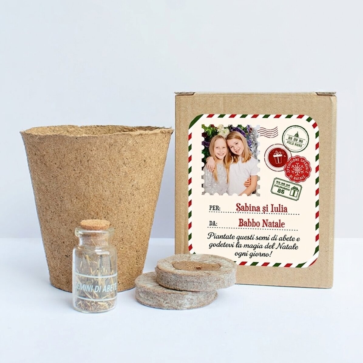 Kit per piantare semi di abete in una scatolina personalizzata con foto e messaggio - Da Babbo Natal