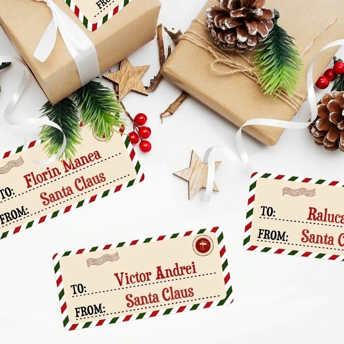 Set di 4 adesivi (etichette autoadesive) 11x5 cm personalizzati con un messaggio - da Babbo Natale