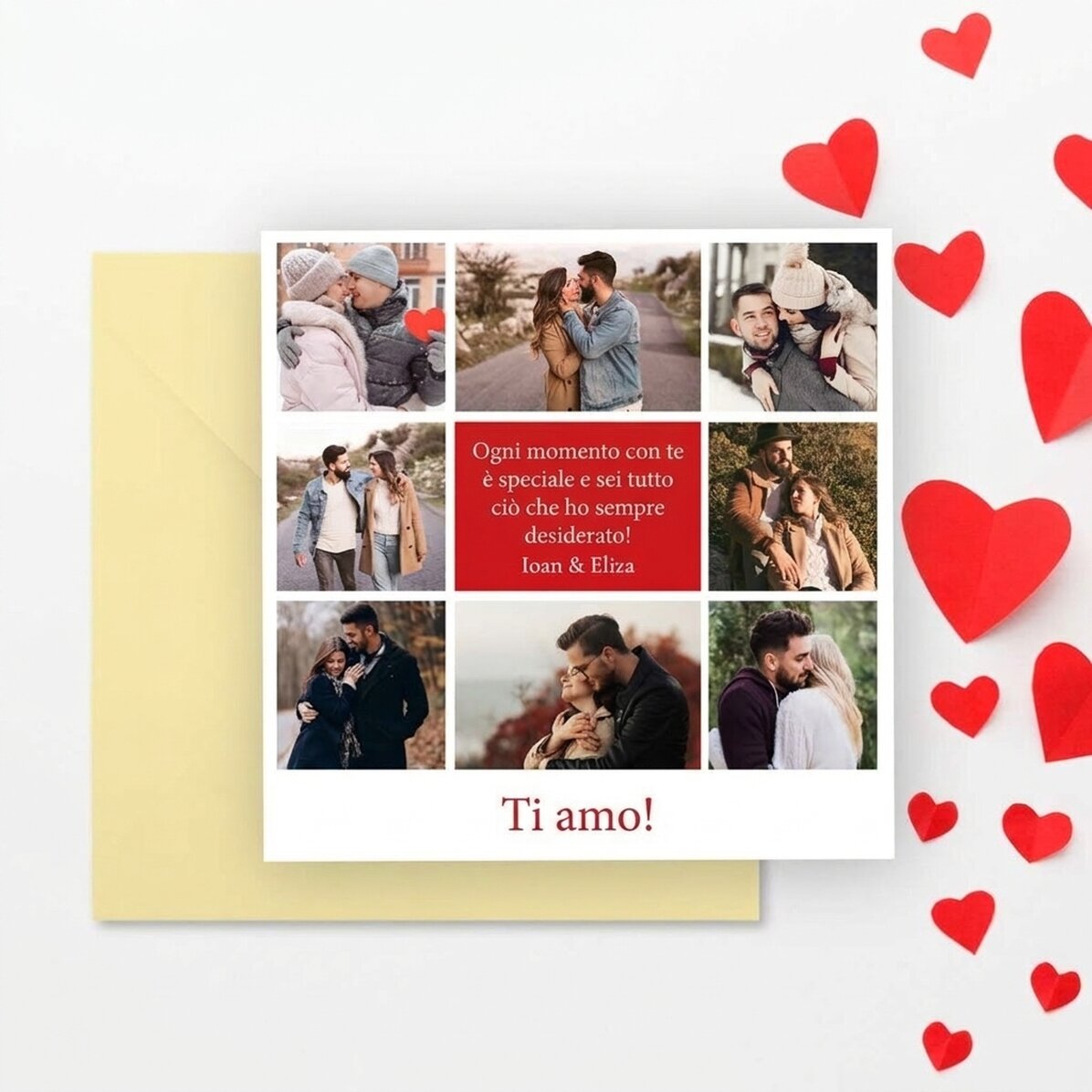 Biglietto quadrato personalizzato con 8 foto e un messaggio - Love