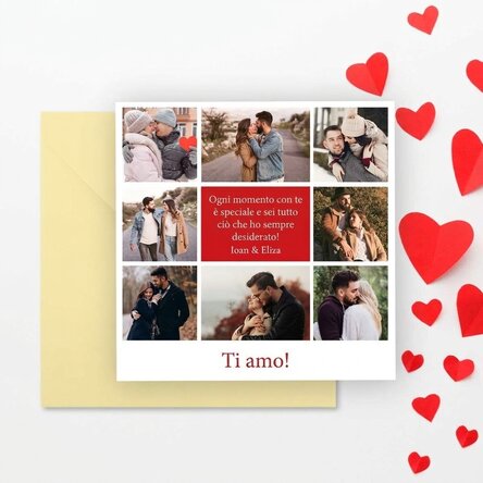 Biglietto quadrato personalizzato con 8 foto e un messaggio - Love