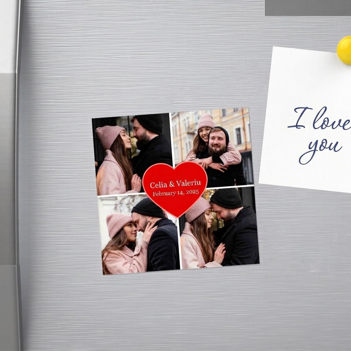 Magnete personalizzato 10x10 con 4 foto e testo - Cuore