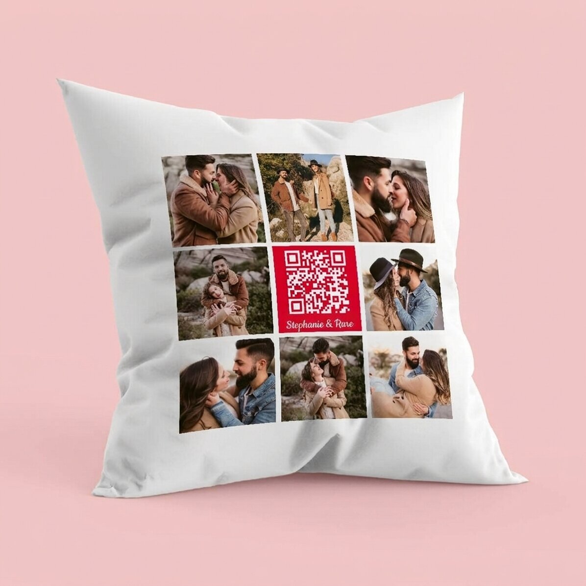Cuscino personalizzato con 8 foto, testo e codice QR - La nostra canzone