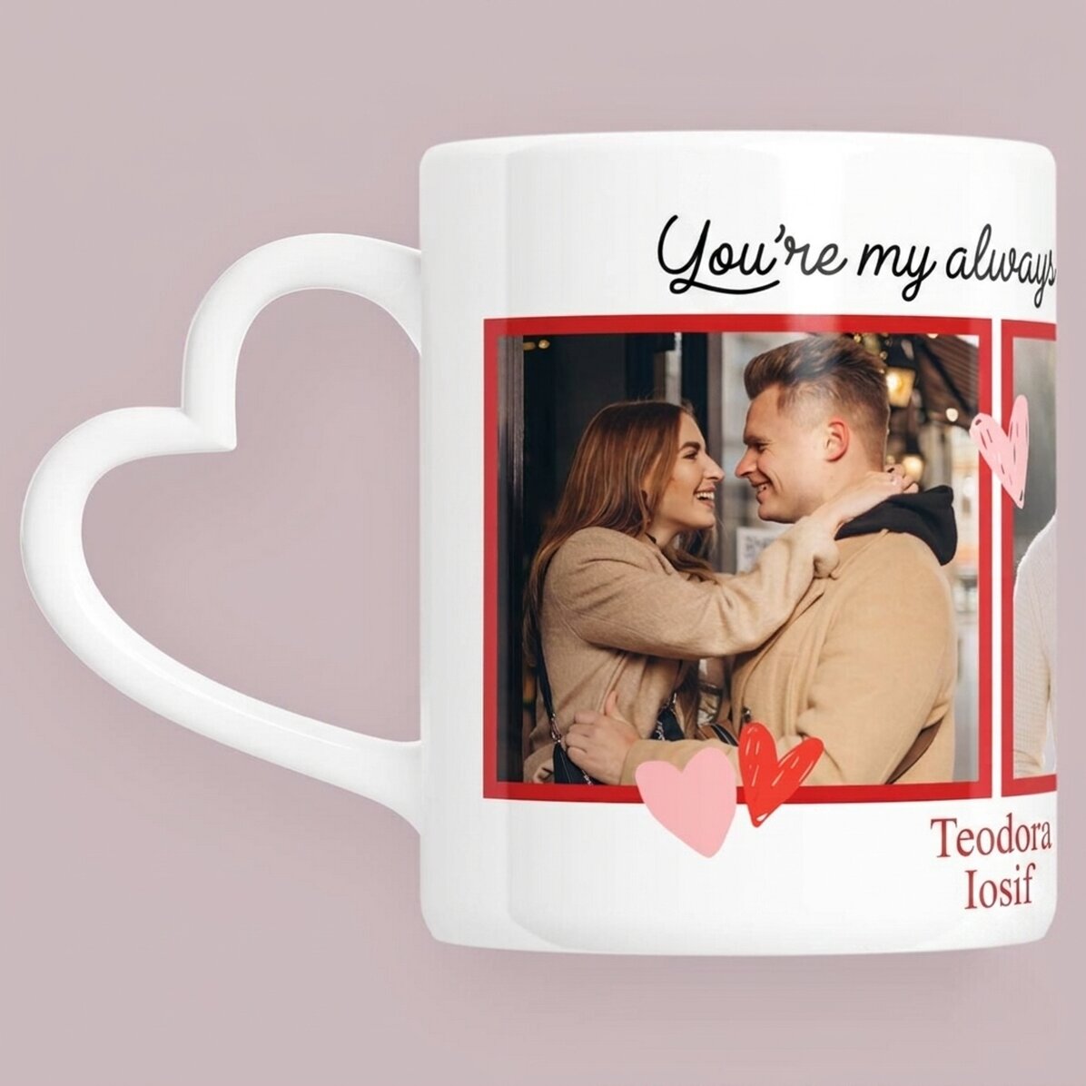 Tazza personalizzata con 3 foto e testo - My favorite - modello con manico a forma di cuore