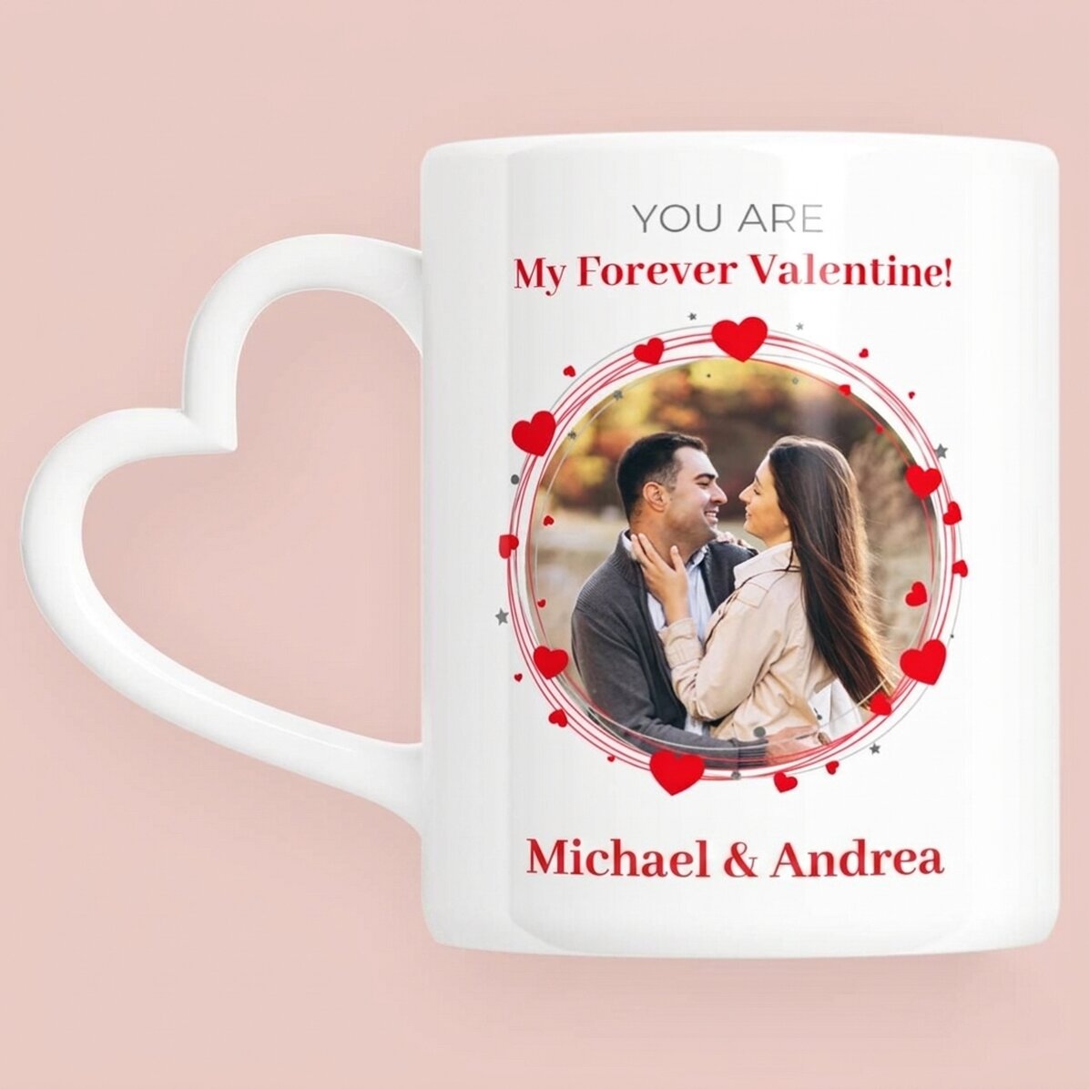 Tazza personalizzata con foto e testo - Forever - modello con manico a forma di cuore