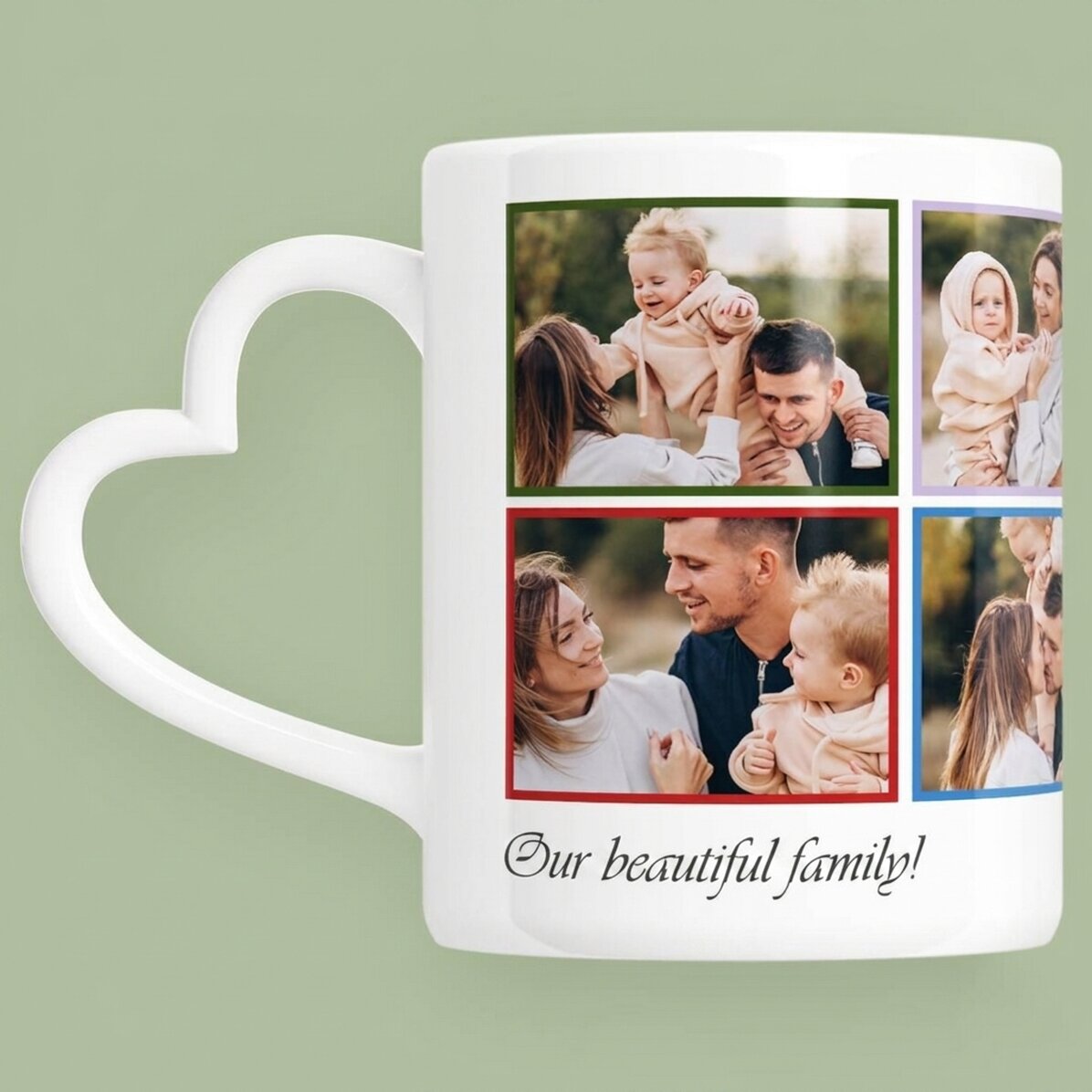 Tazza personalizzata con 8 foto e testo - modello con manico a forma di cuore