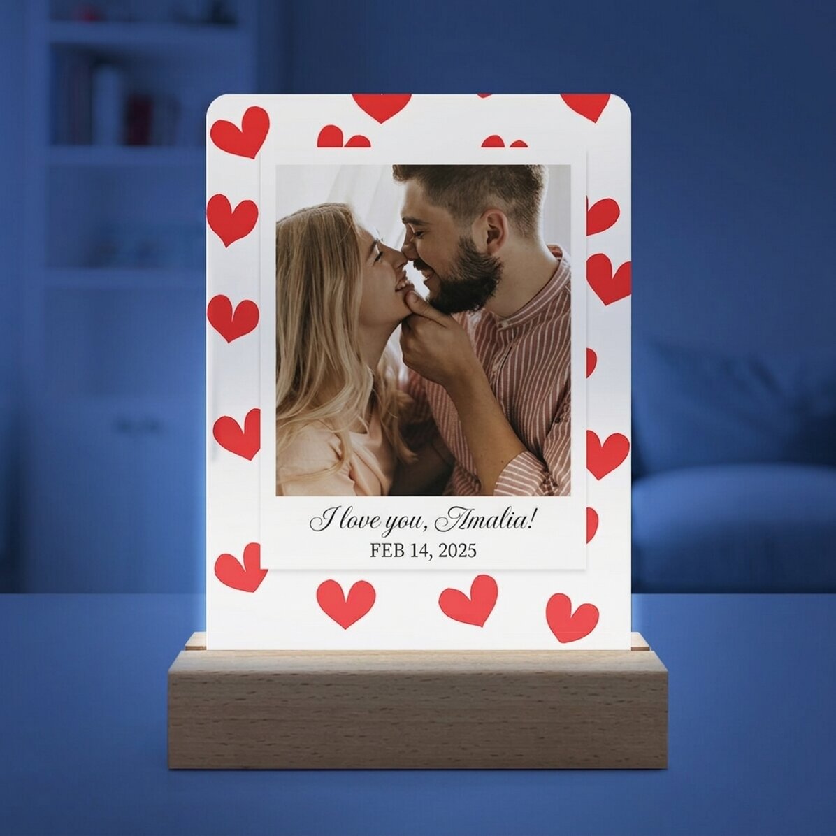 Lampada da comodino a LED personalizzata con foto e messaggio - Cuoricini
