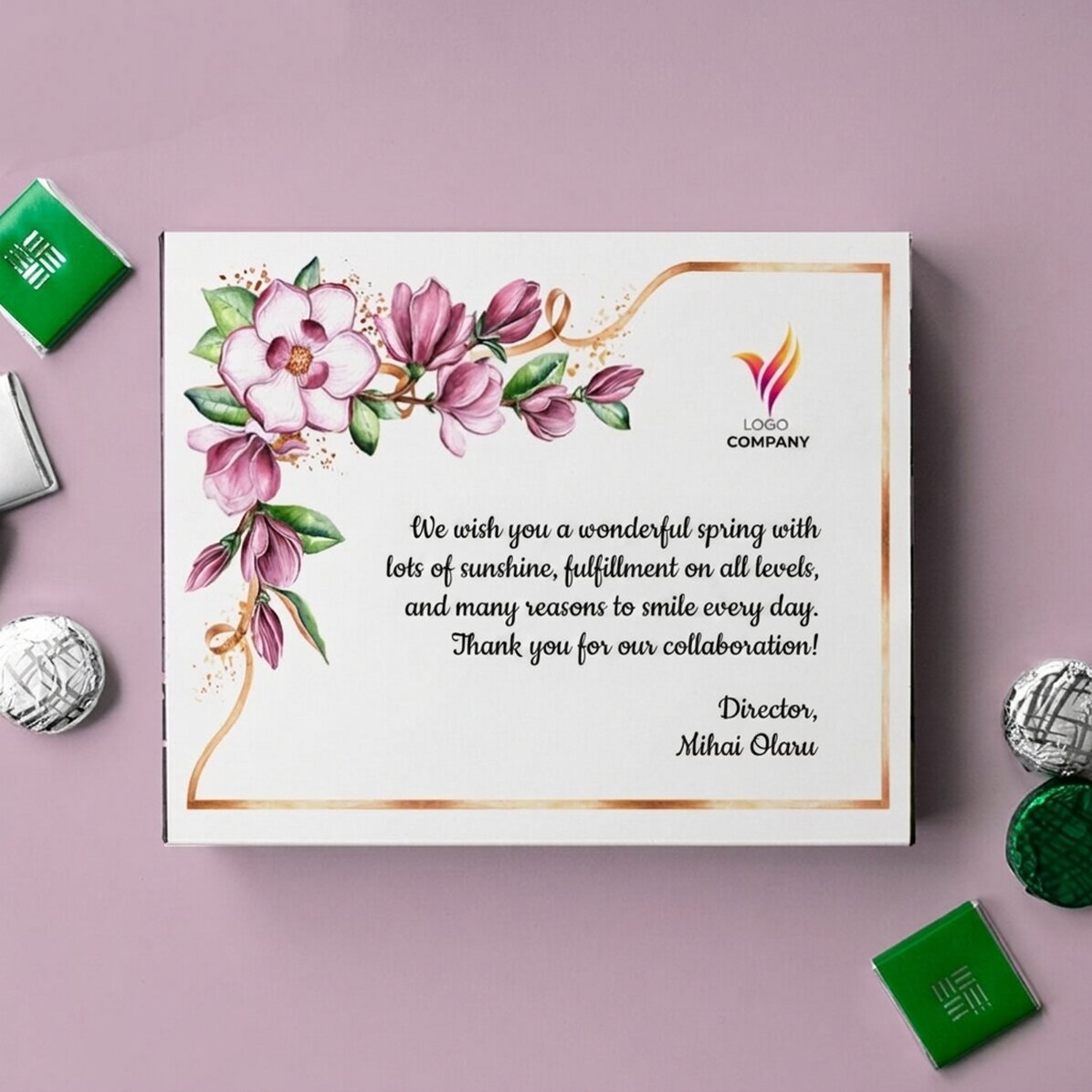 Scatola di cioccolatini personalizzata con logo e messaggio - Floral