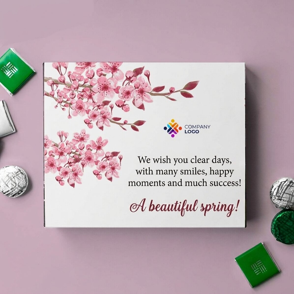 Scatola di caramelle personalizzata con logo e testo - Primavera