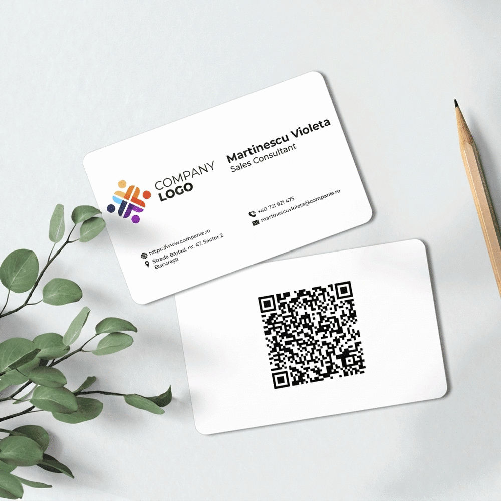 Biglietto da visita in alluminio personalizzato fronte-retro con codice QR e dati di contatto