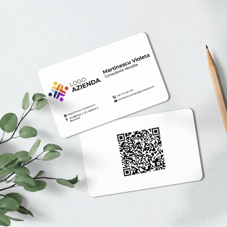 Biglietto da visita in alluminio personalizzato fronte-retro con codice QR e dati di contatto