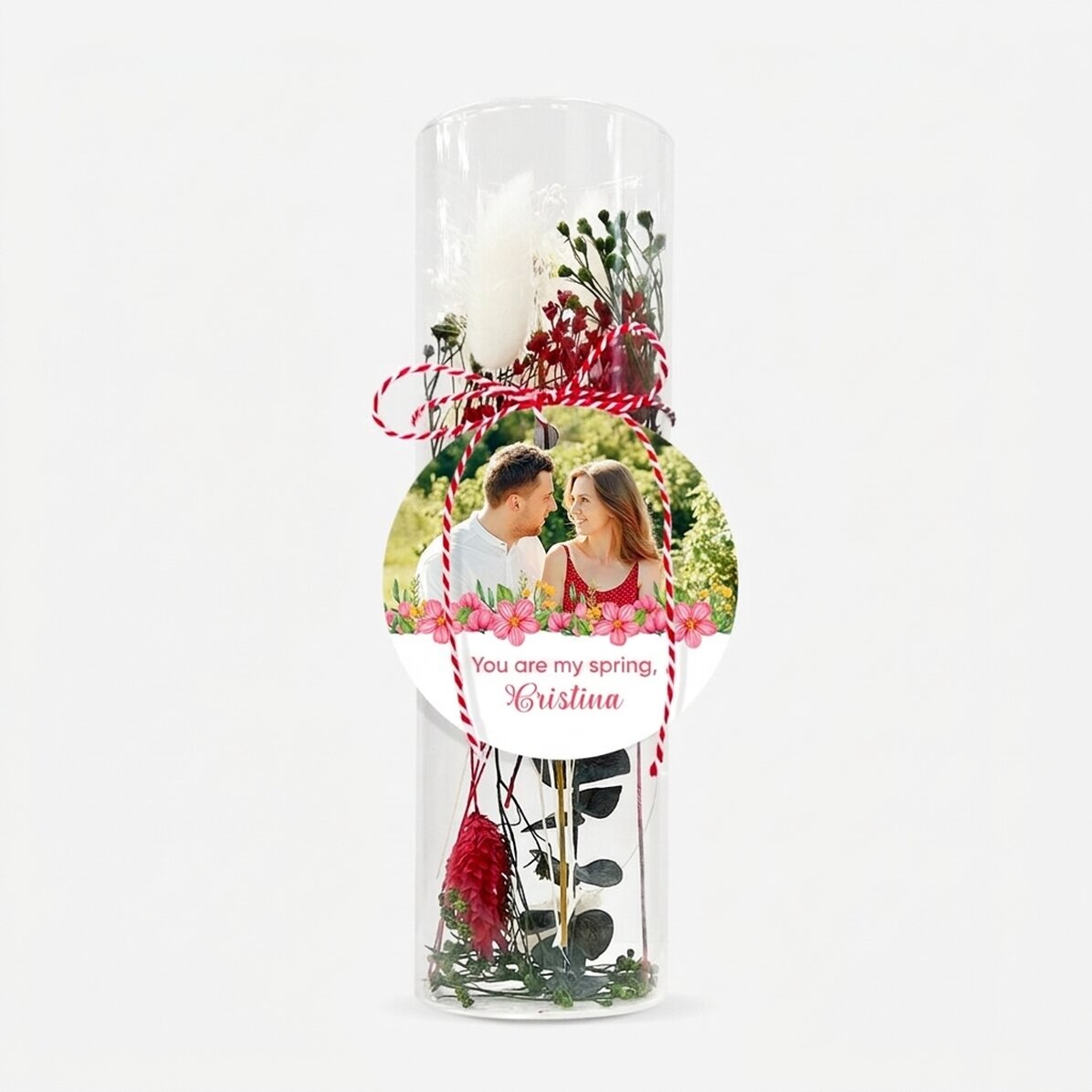 Ciondolo Martisor in vetro con fiori stabilizzati, personalizzato con messaggio e foto - La mia prim