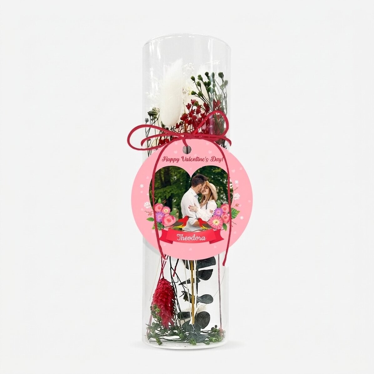 Decorazione in vetro con fiori stabilizzati, personalizzata con testo e foto - Love