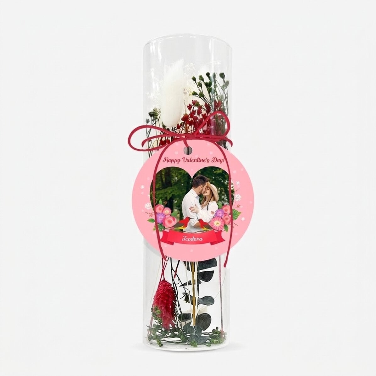 Decorazione in vetro con fiori stabilizzati, personalizzata con testo e foto - Love