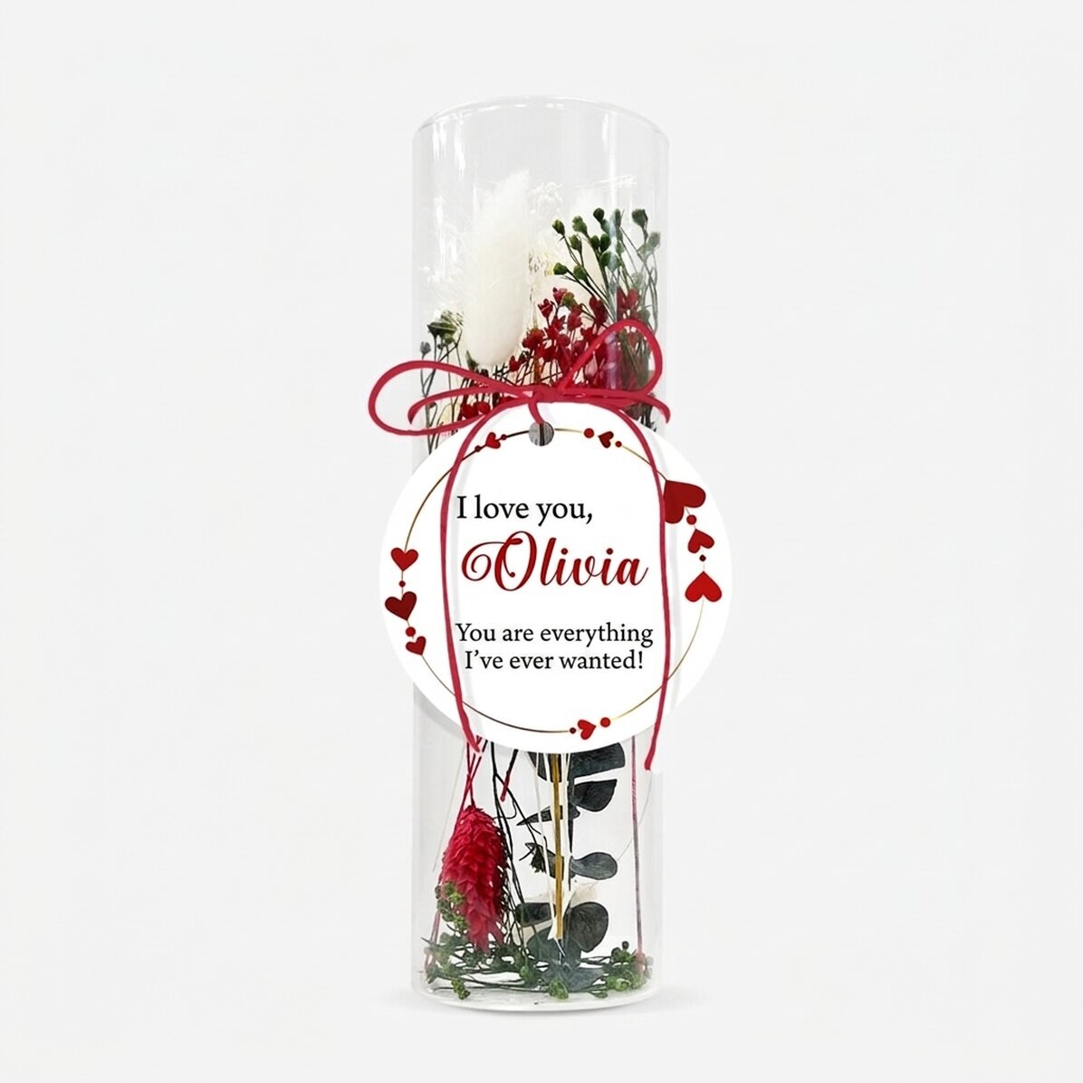 Decorazione in vetro con fiori stabilizzati, personalizzata con la scritta "Ti amo"