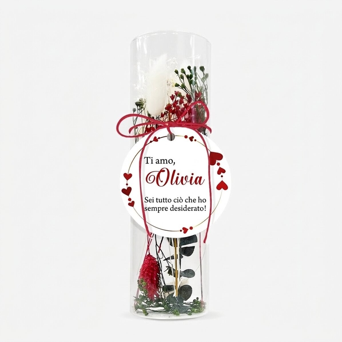 Decorazione in vetro con fiori stabilizzati, personalizzata con la scritta "Ti amo"