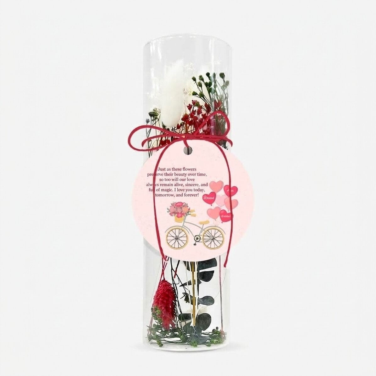 Decorazione in vetro con fiori stabilizzati, personalizzata con la scritta "Amore"