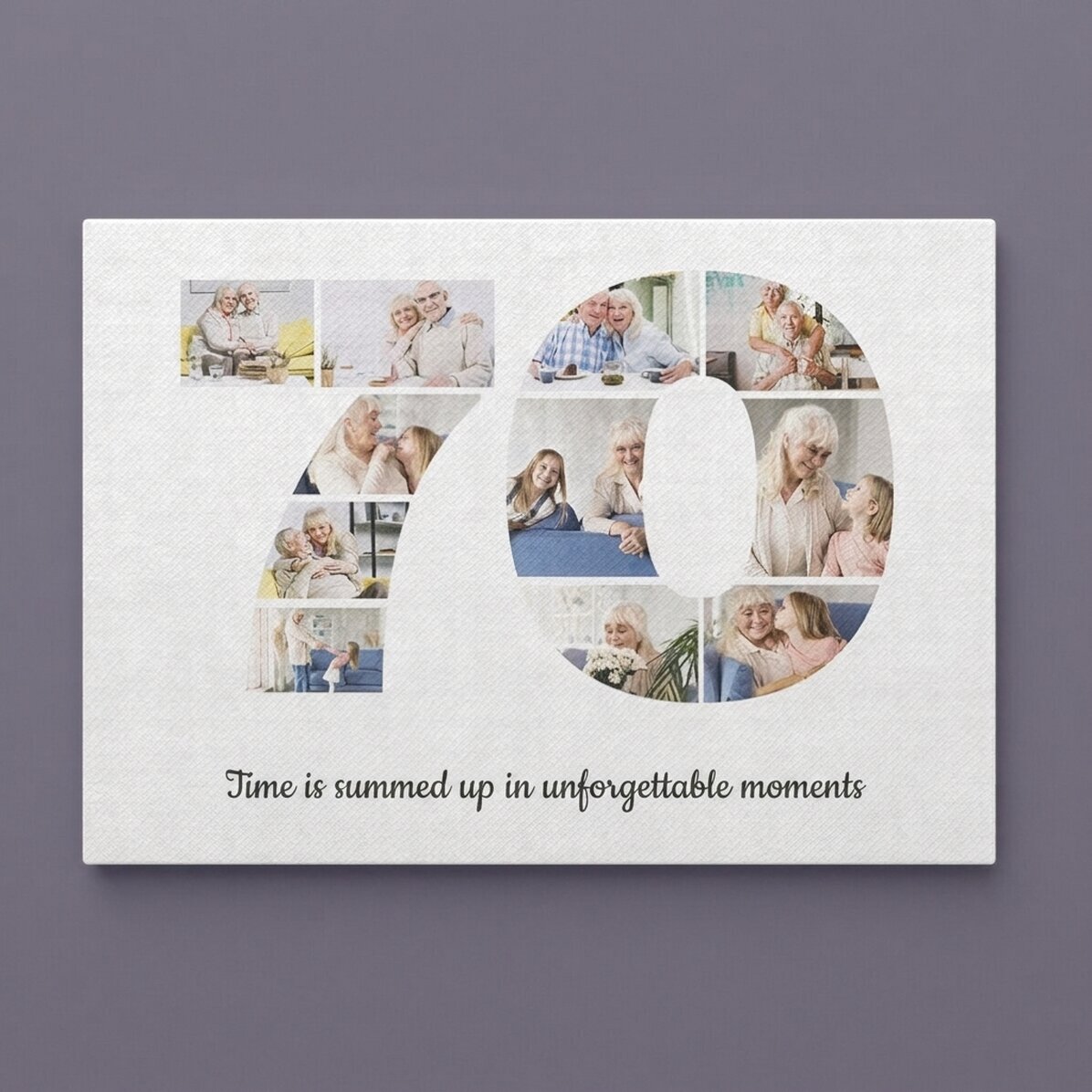 Quadro su tela personalizzato in formato orizzontale con 11 foto, modello n. 70 e messaggio di testo
