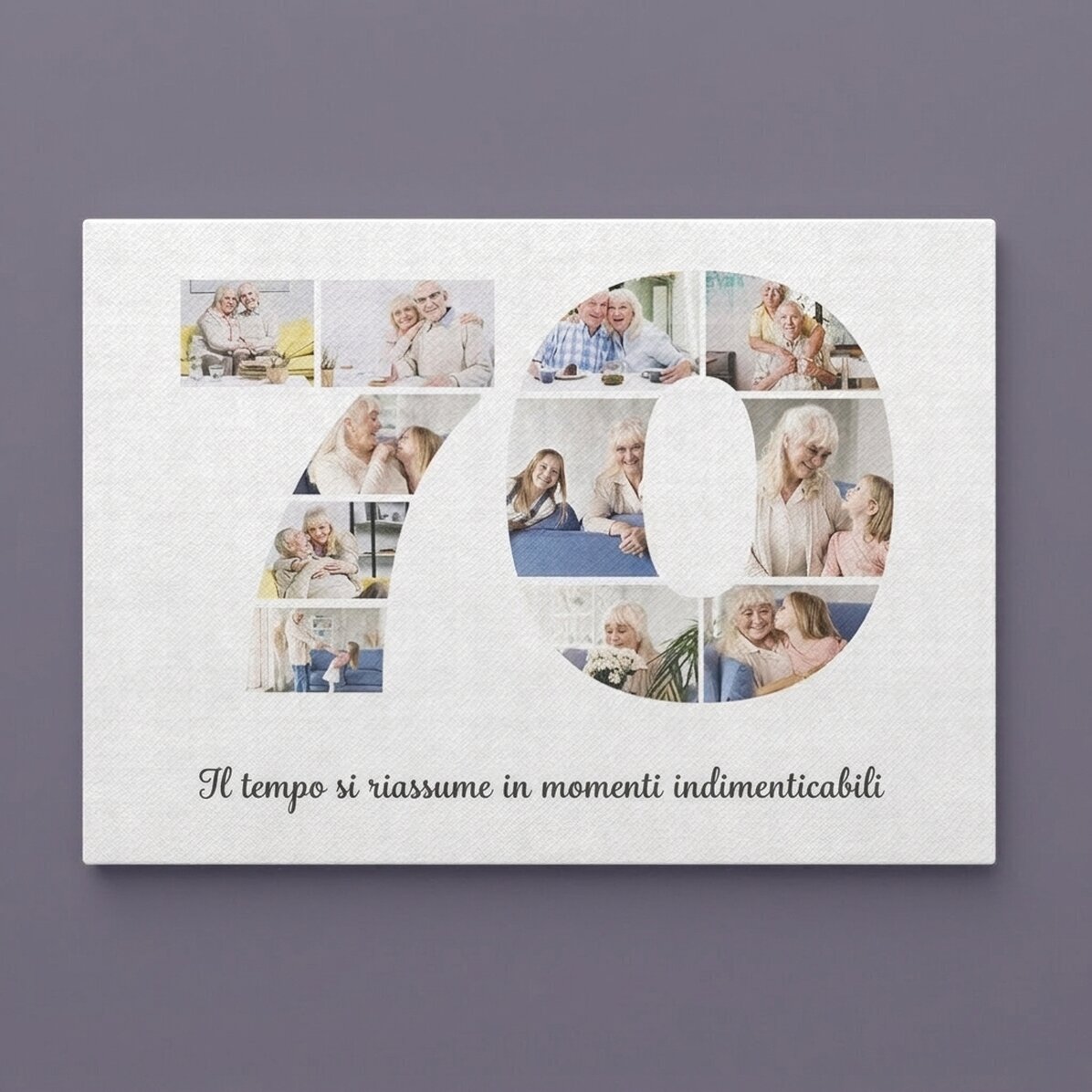 Quadro su tela personalizzato in formato orizzontale con 11 foto, modello n. 70 e messaggio di testo