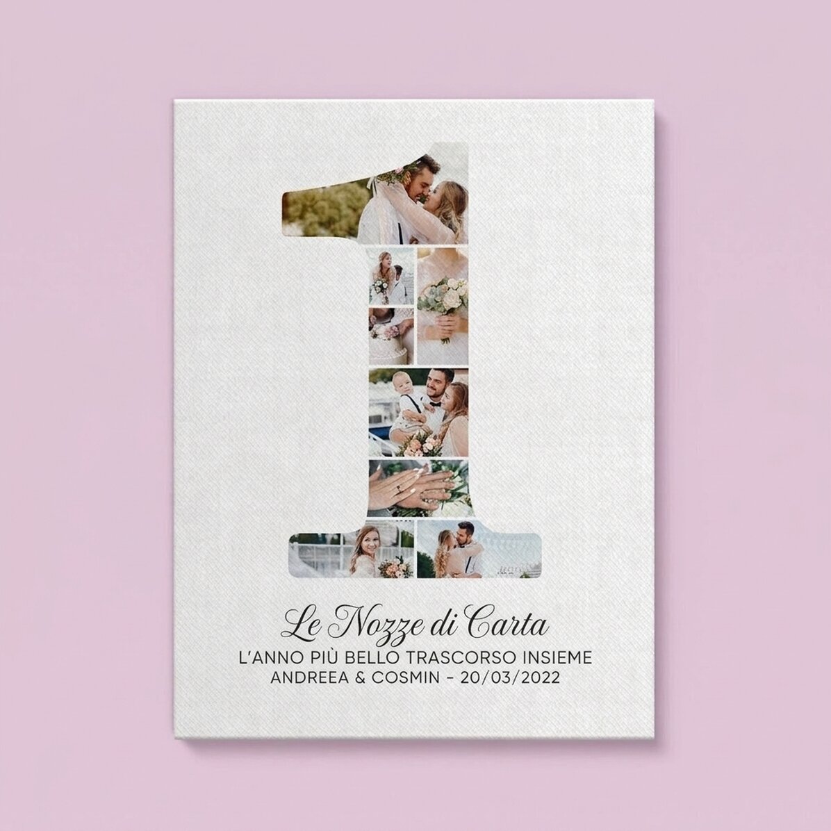 Quadro su tela personalizzato con il numero 1, foto e messaggio - Anniversario di coppia