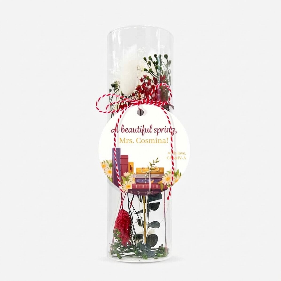 Ciondolo Martisor in vetro con fiori stabilizzati, personalizzato con una dedica per la maestra