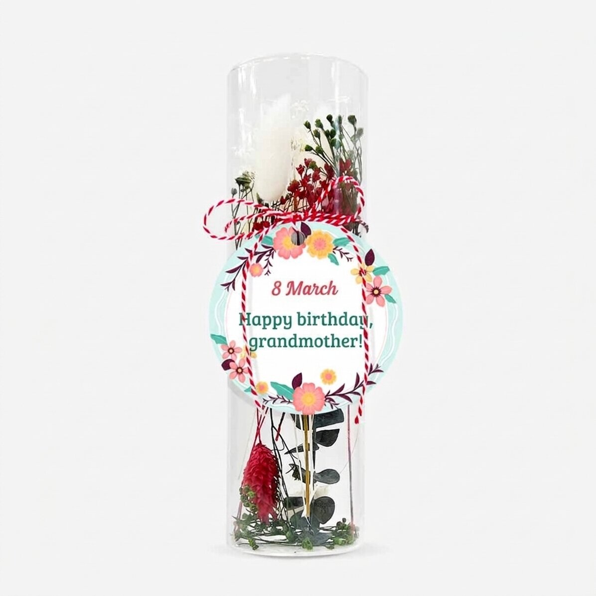 Ciondolo Martisor in vetro con fiori stabilizzati, personalizzato con un messaggio