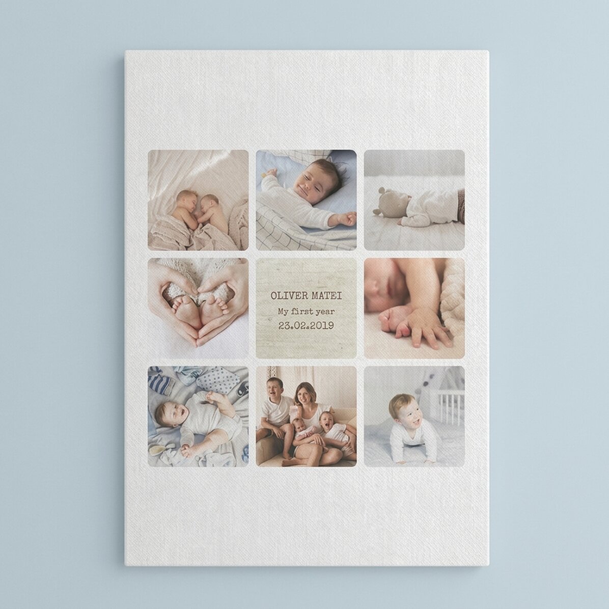 Quadro su tela personalizzato con testo e 8 foto - Il primo anno del bambino